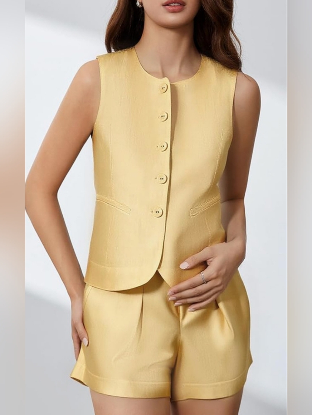 Sleeveless Yellow Button Front Vest and Shorts Set